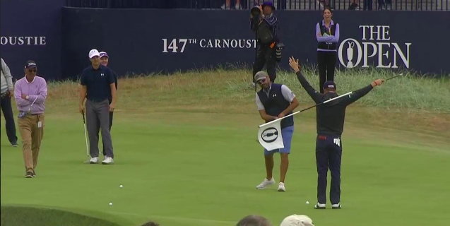 Watch Justin Thomas challenge Jordan Spieth's caddie to a tricky two-putt at the Open Championship